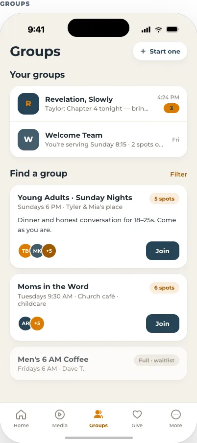 Groups screen